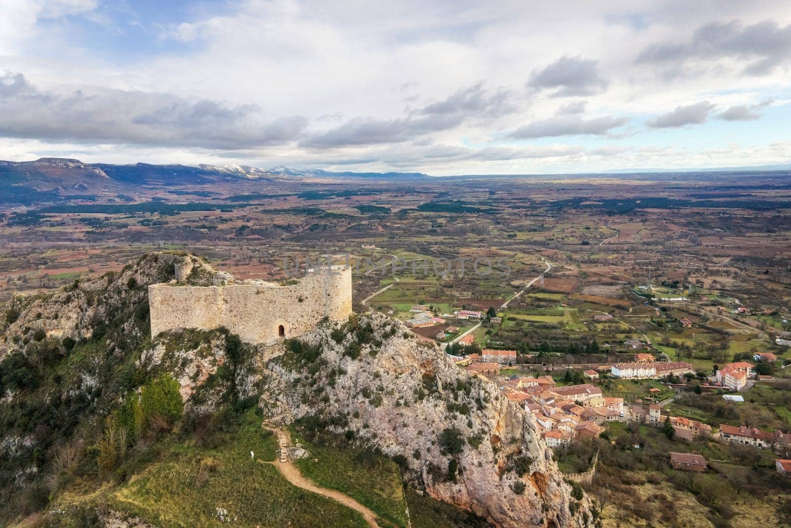 Aerial view of Poza de la Sal castle and village in Burgos, Castile and Leon, Spain . High quality 4k footage