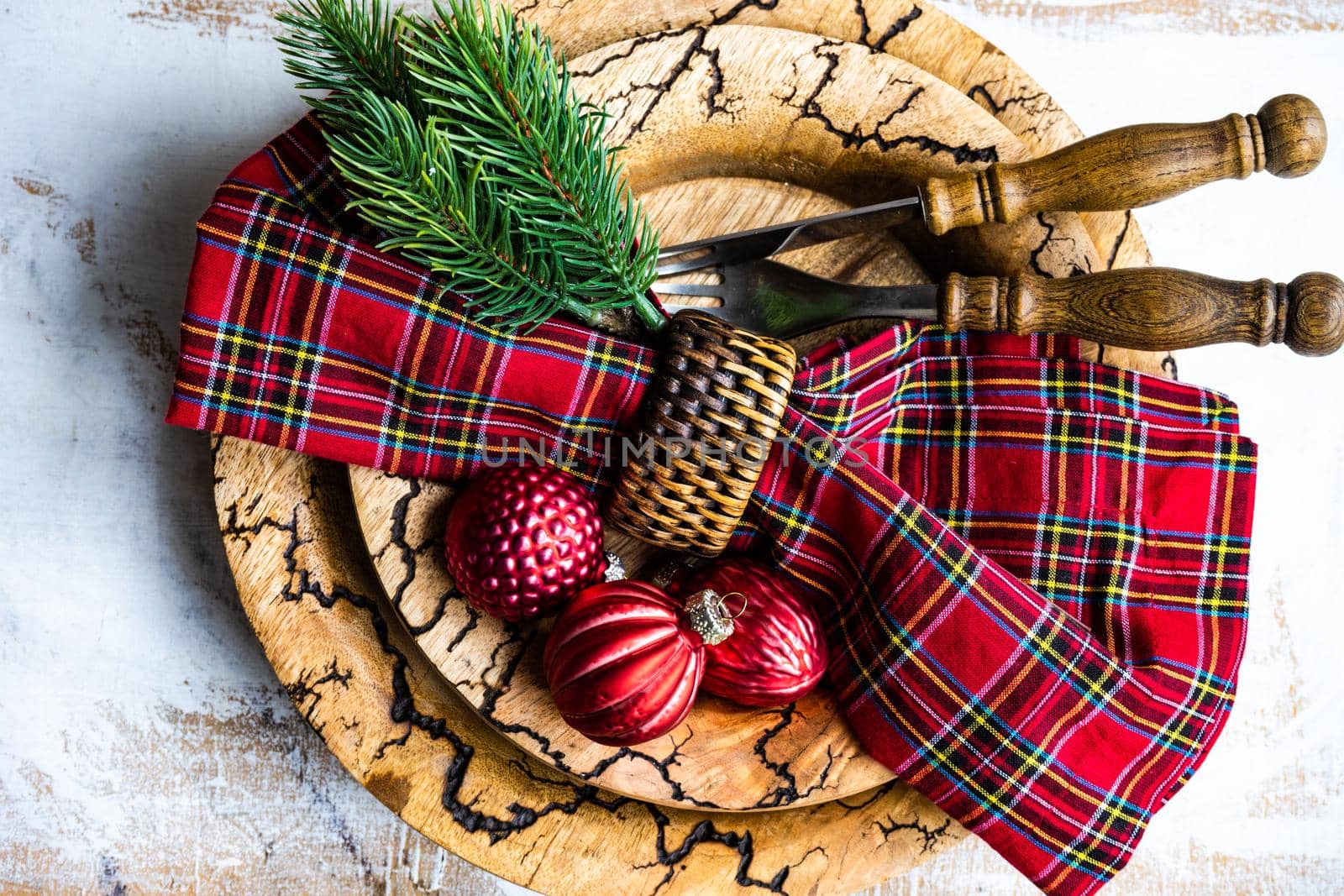 Festive table setting for Christmas holiday dinner