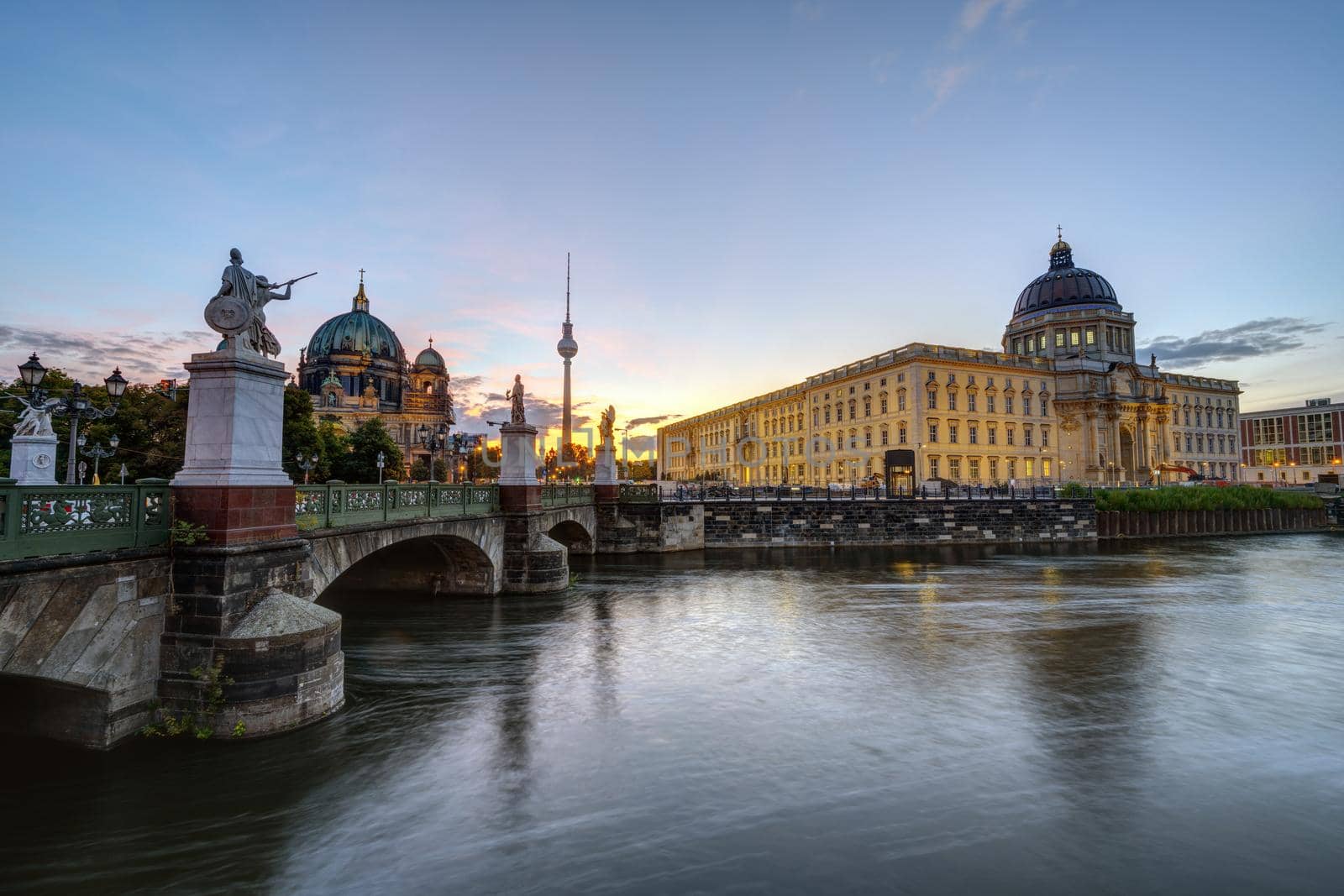 The City Palace, the Cathedral and the TV Tower in Berlin at sunrise