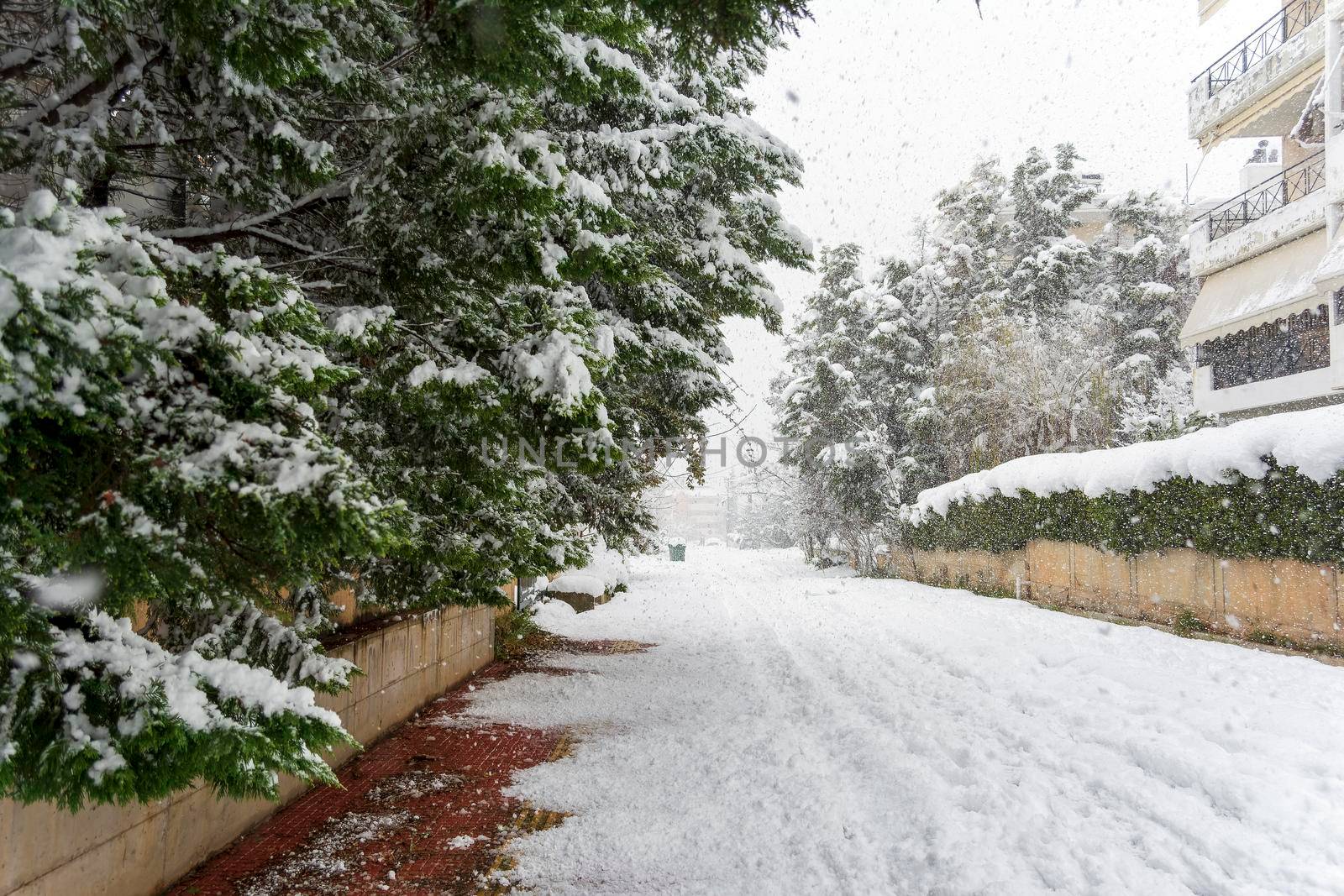 Road totally covered with snow in Vrilissia district, during snow storm in Athens city, capital of Greece, Europe by ankarb