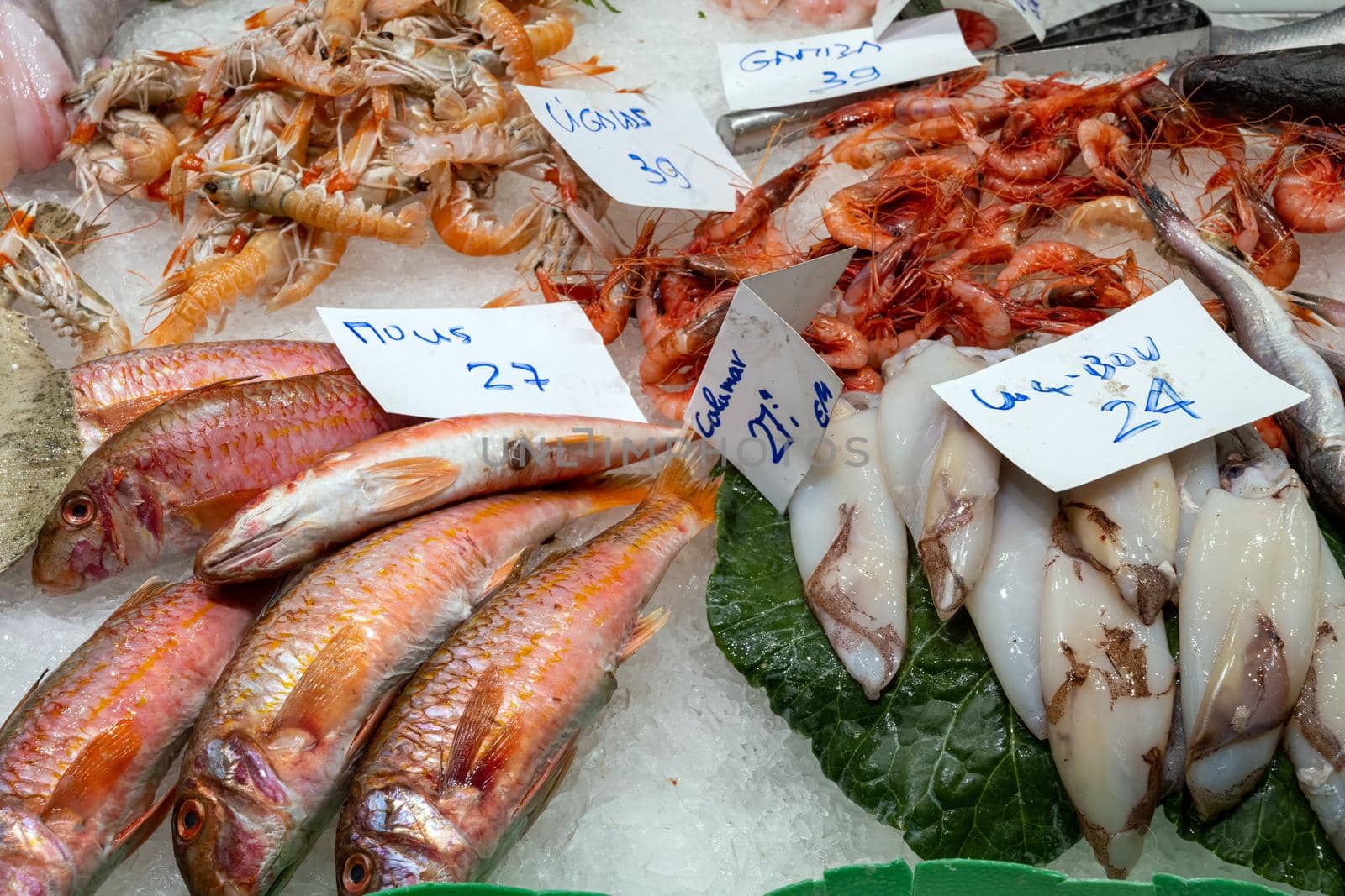Fish, squid and prawns for sale at a market in Barcelona