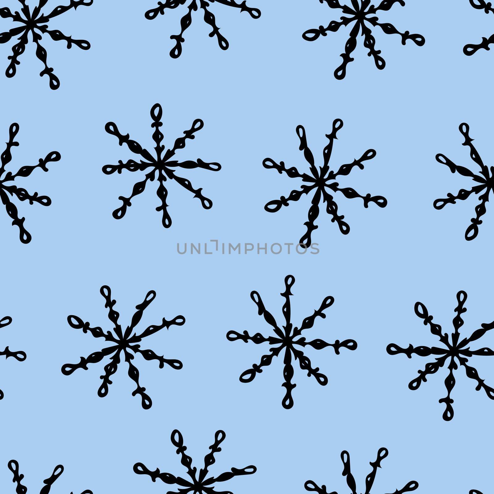 Seamless Pattern with Black Snowflakes on Light Blue Background. Abstract Hand-Drawn Doodle Snowflakes.