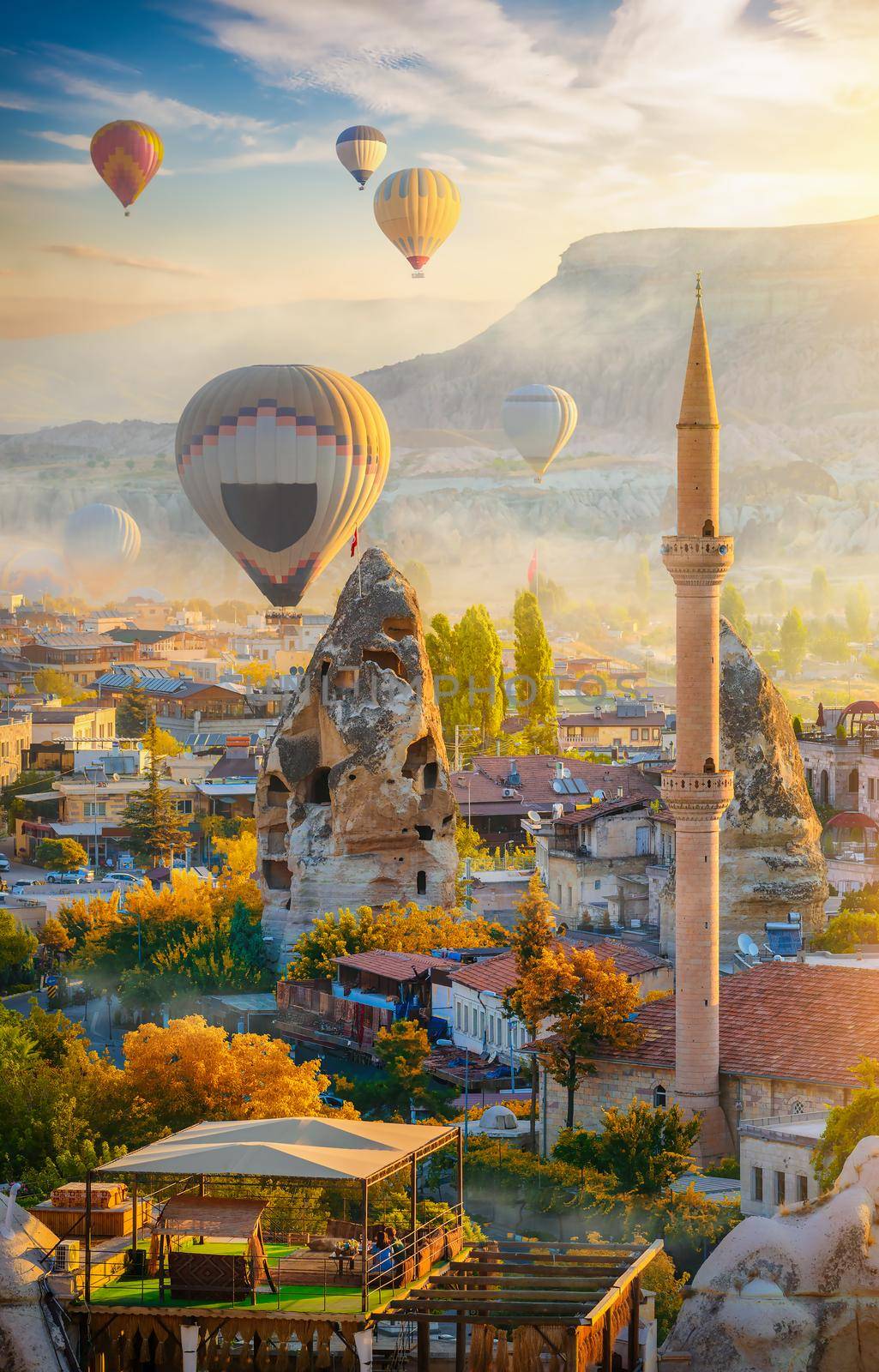 Mosque and air balloons in Goreme, Turkey