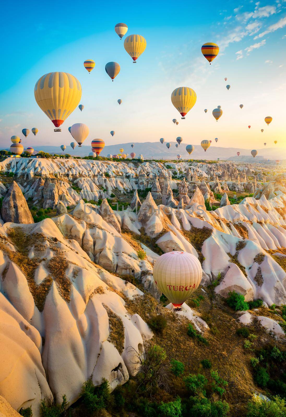 Hot air balloons flying over Cappadocia, Turkey