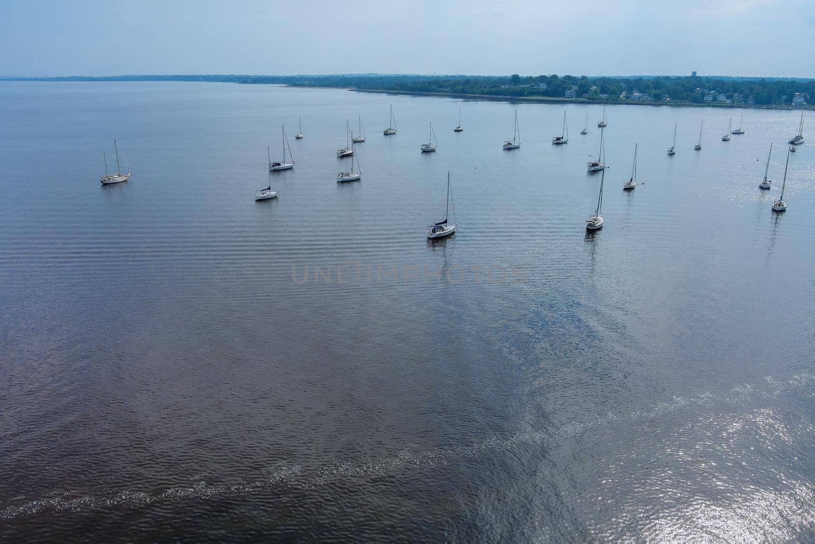 Aerial view of many yachts boats in the harbor summer in America
