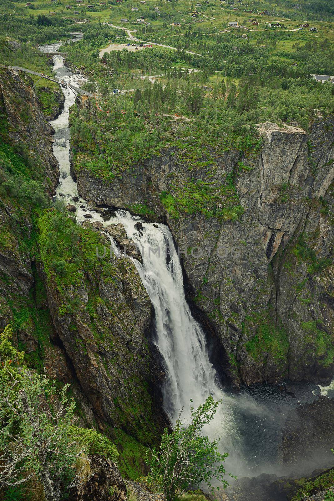 Vøringsfossen - Vøring Falls -  is located in Eidfjord, Hardanger, at the top of Måbødalen. The falls is one of the most popular and visited attraction in Norway. It is possible to see the falls from above, or even after a short hiking it is possible to witness the falls from below. Either way, it is one of the most spectacular experience one will have visiting Norway.