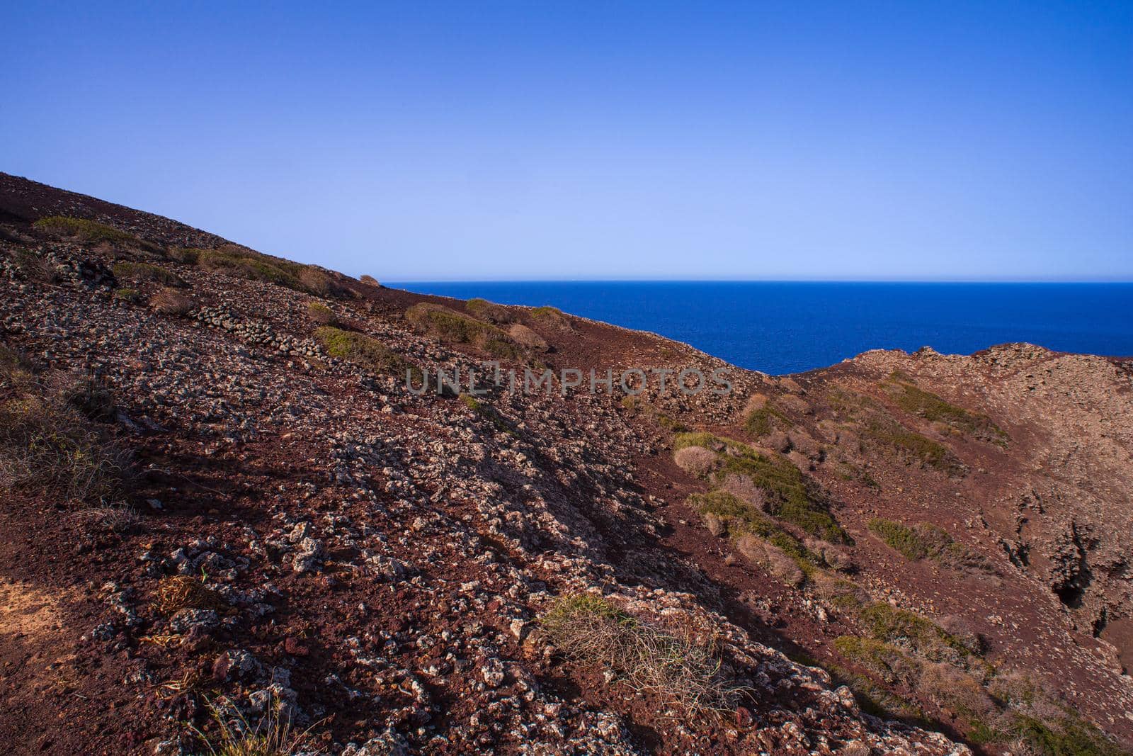 Sea view of Linosa sea on the top of the Volcano Monte Nero, Pelagie Island, Sicily