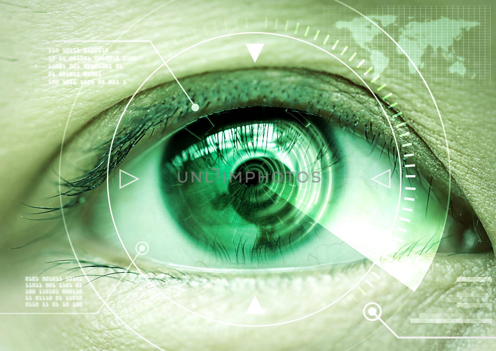 Close up women eye scanning technology in the futuristic, operation by jayzynism