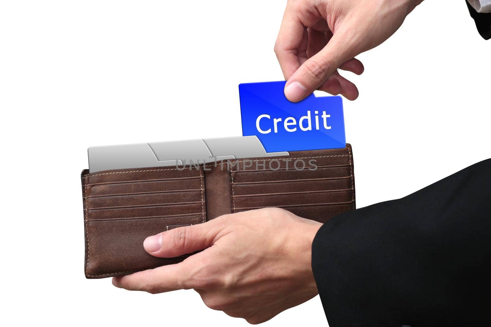 Businessman hands pulling red folder CREDIT concept on brown wallet.