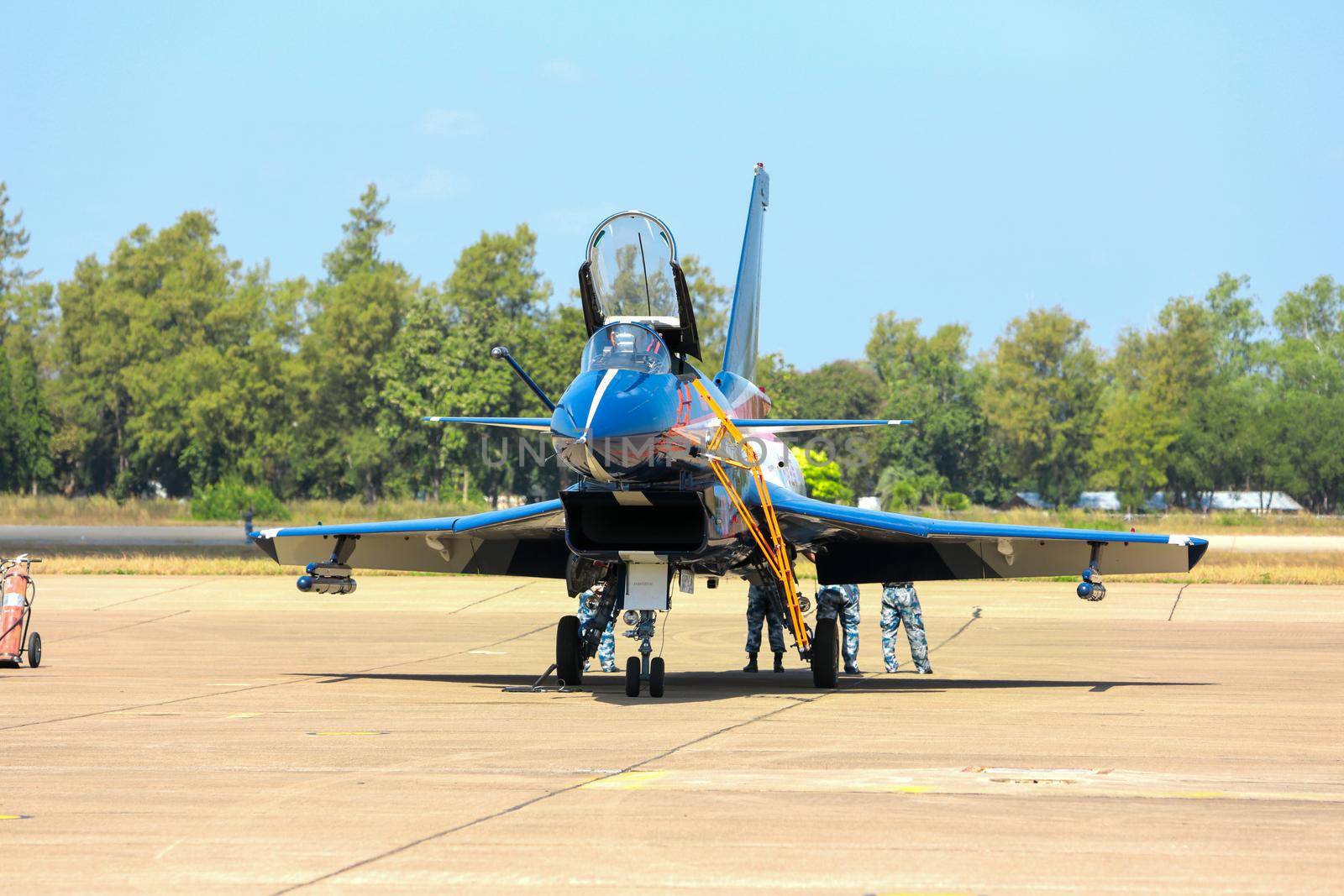 Nakhonratchasima, THAILAND November 27, 2015 : F16 Gripen and August 1st Aerobatic team" engaged in acrobatics. by jayzynism