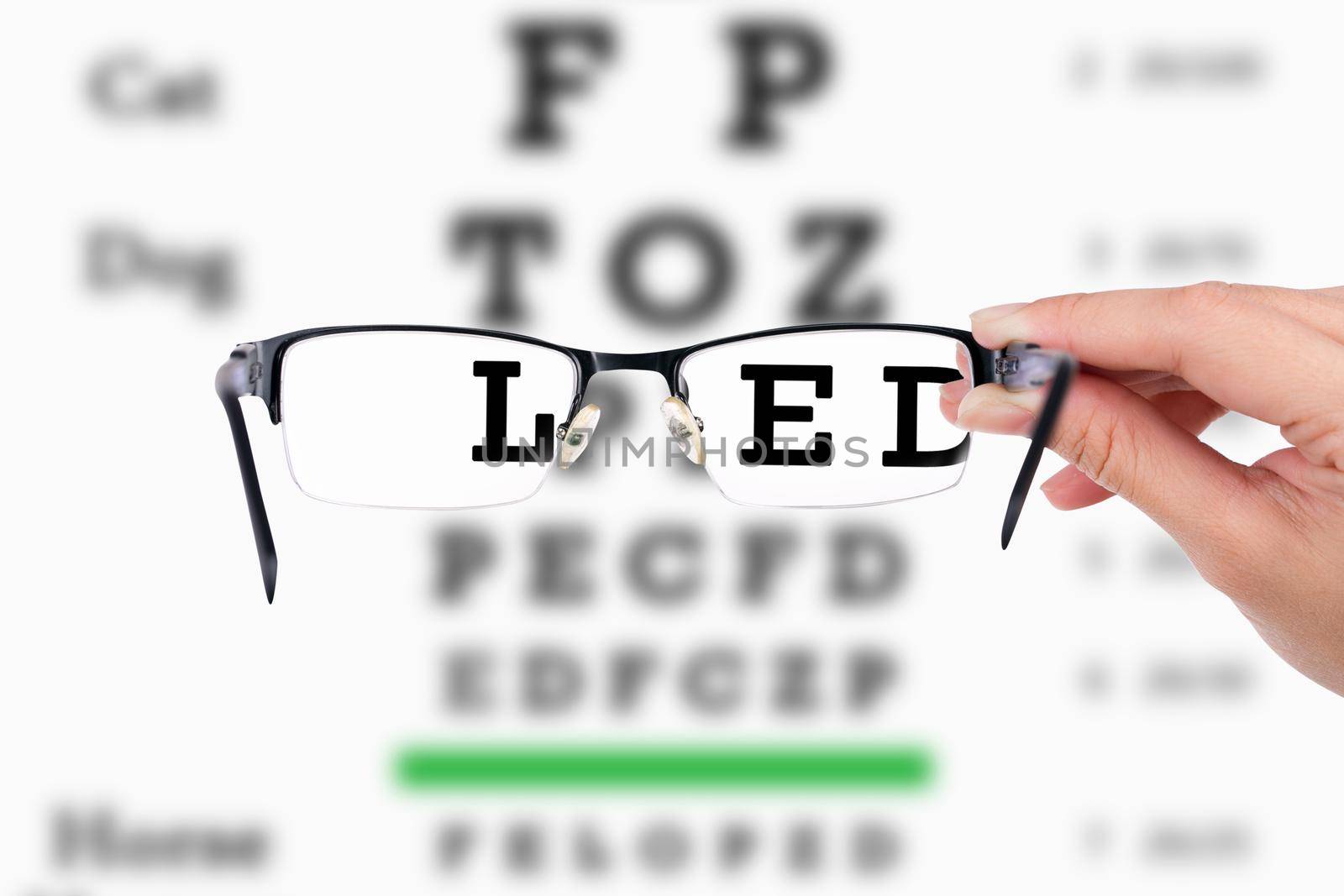 Female hand holding glasses with eyesight test on chart board.