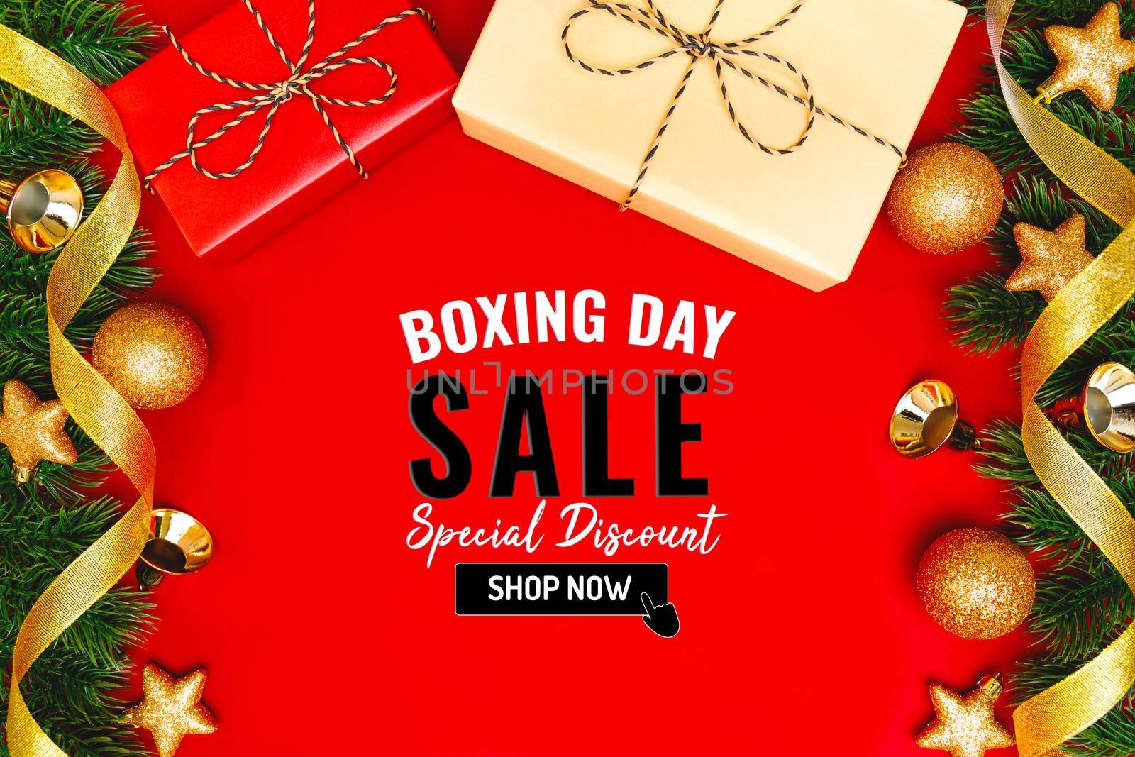 Boxing day sale with Christmas present and xmas decoration on red background by psodaz