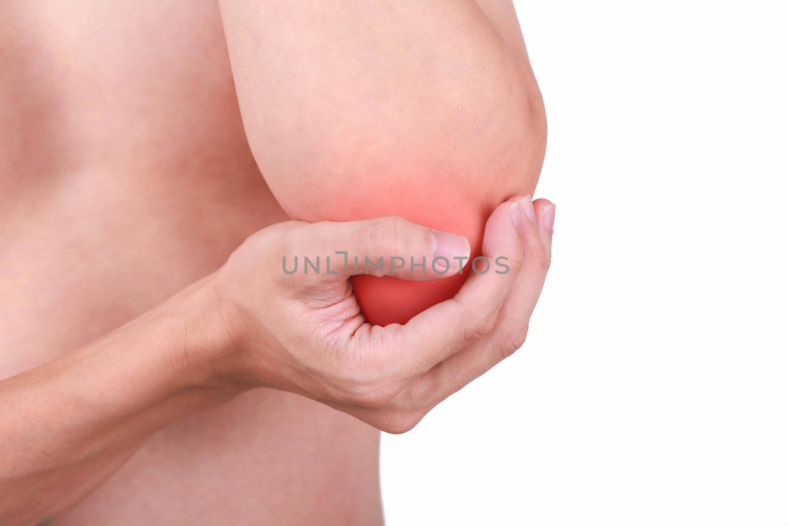 Close up suffering male pain in elbow isolated white background.