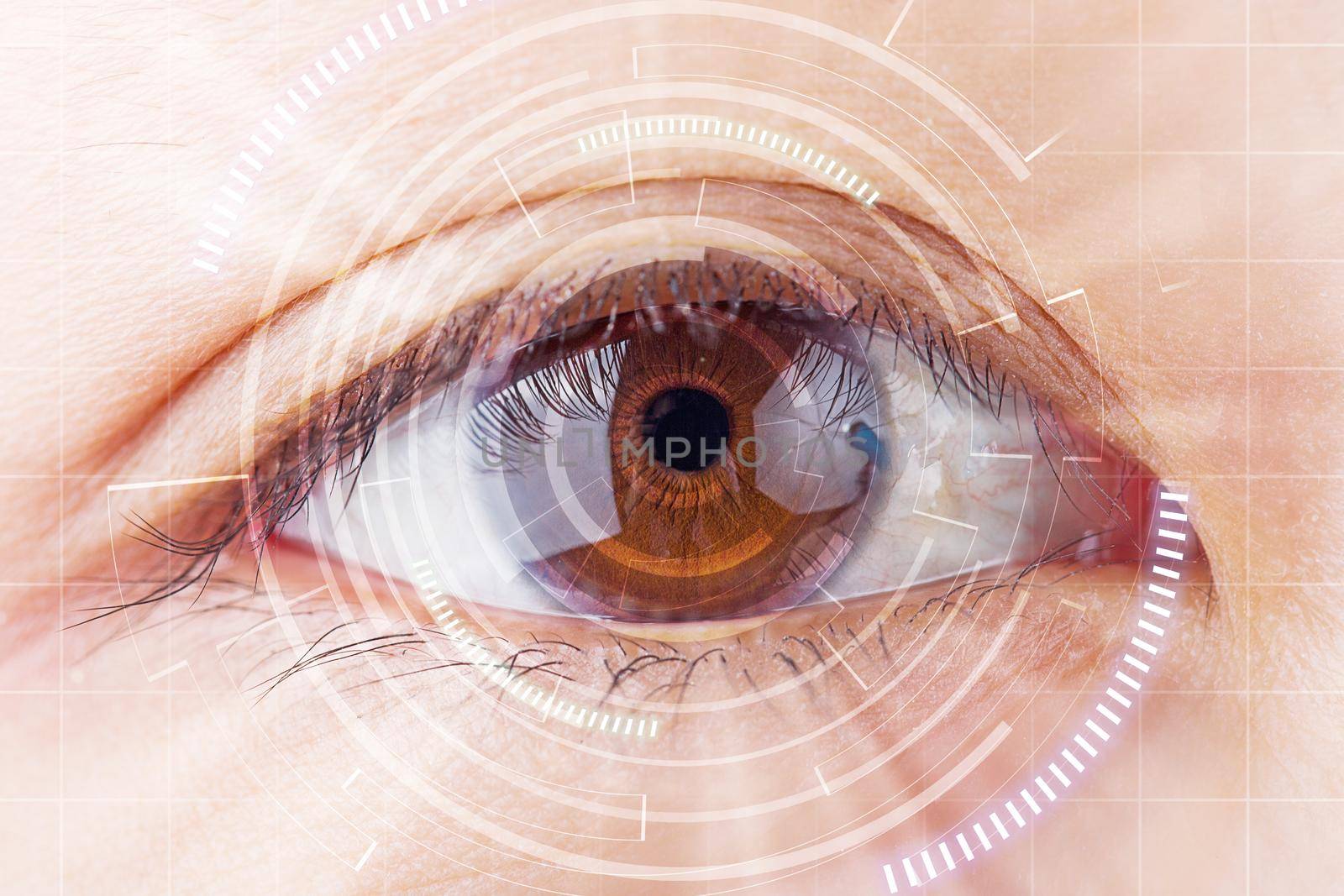 Close-up brown eye the future cataract protection , scan, contact lens.