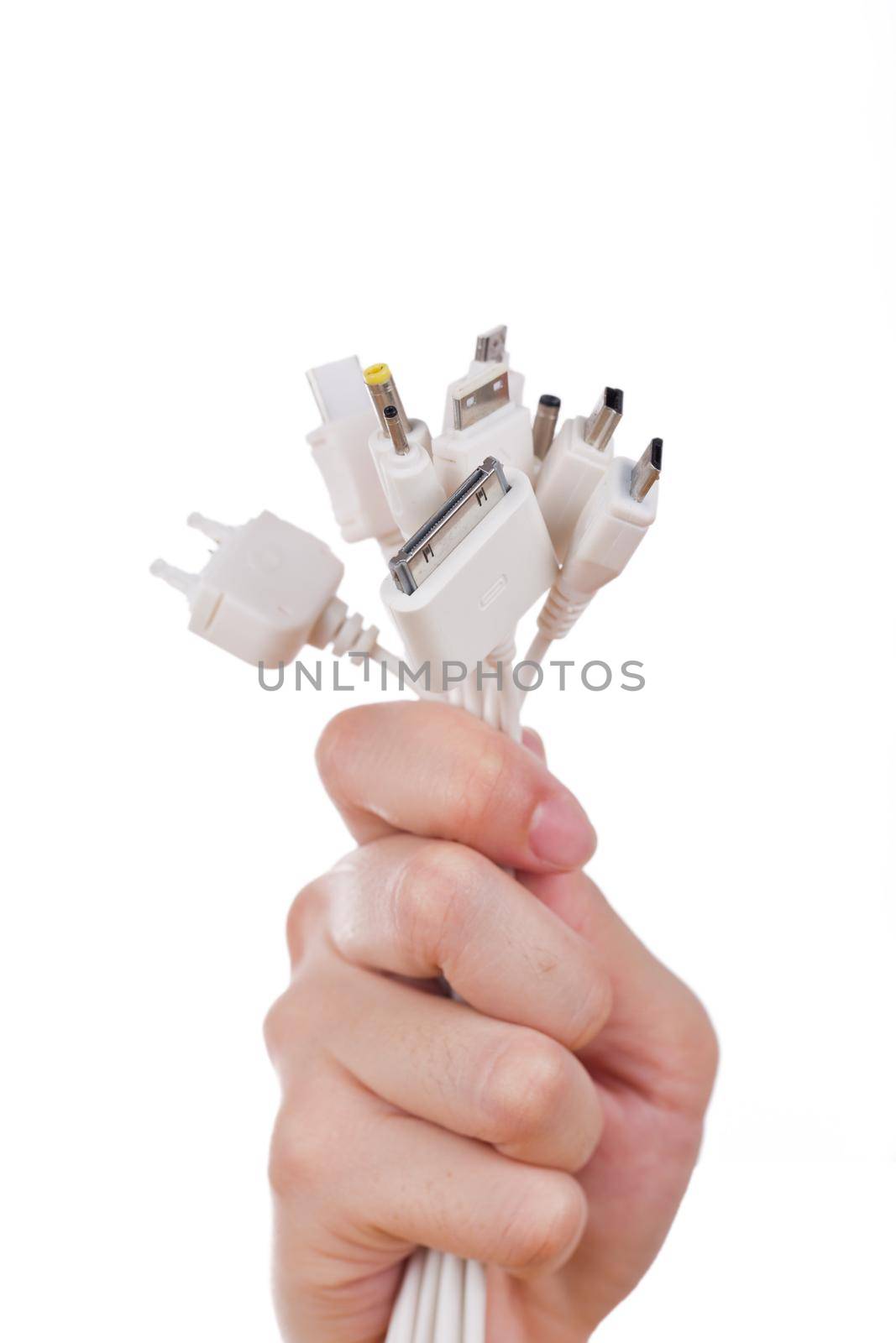 Female hand holding USB port tools charger isolated white background.