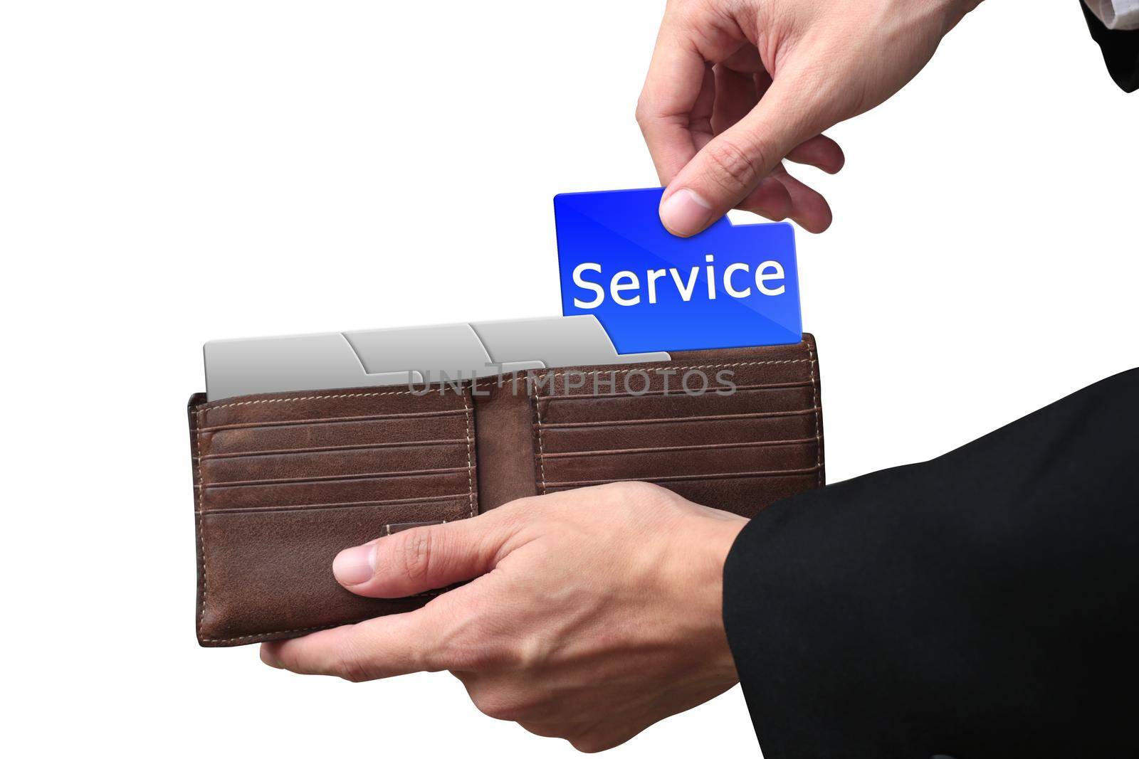 Businessman hands paying SERVICE concept on brown wallet.