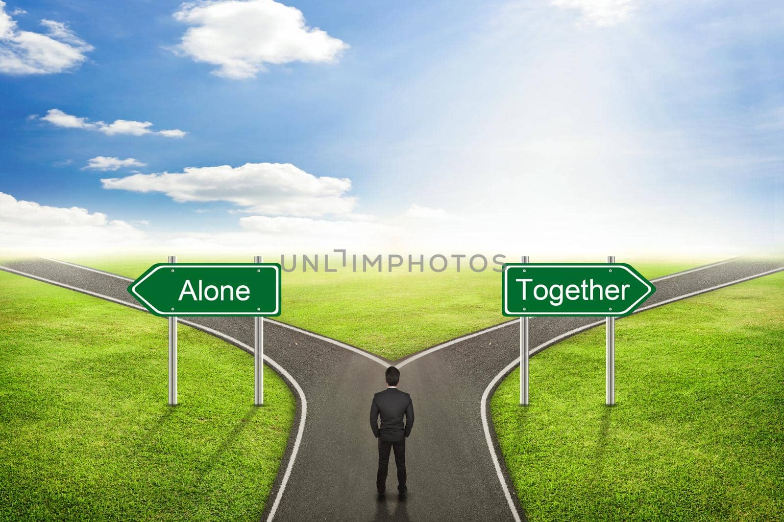 Businessman concept, Alone or Together road the correct way.