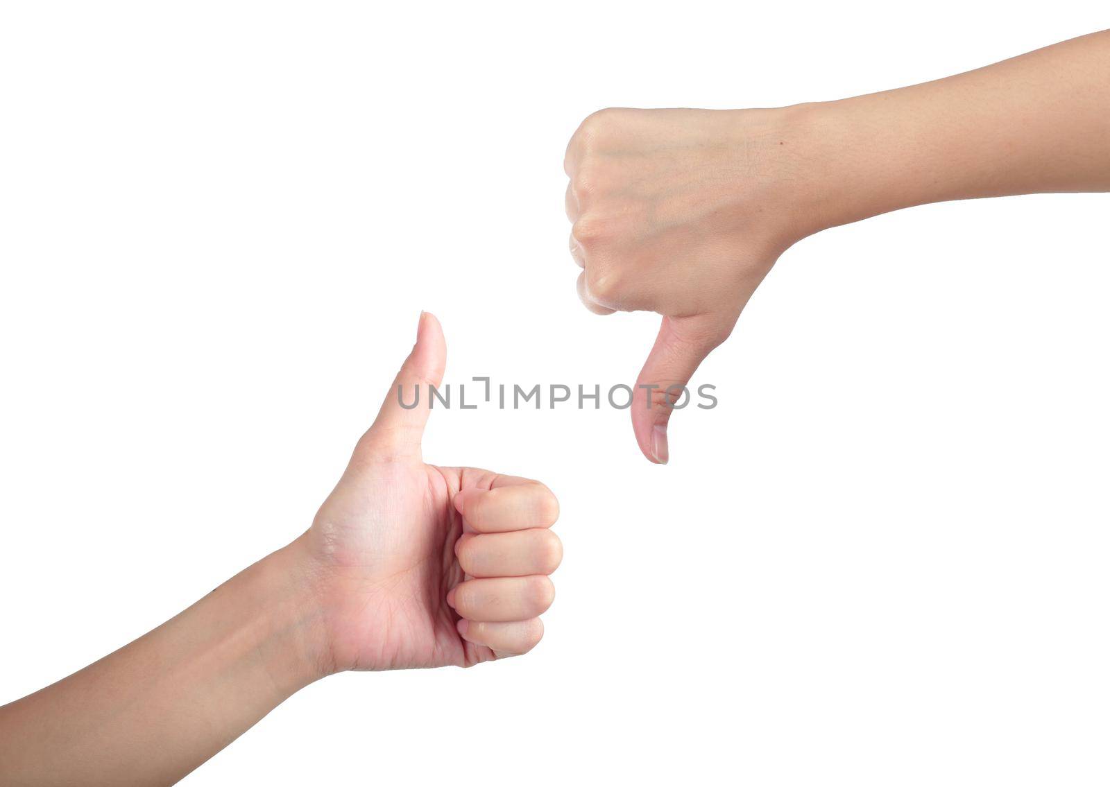 Young man his hand like with unlike thumbs up isolated white background.