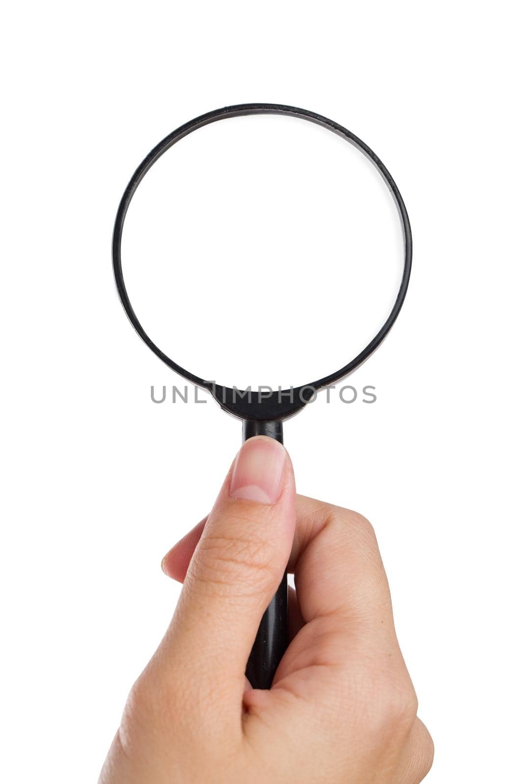 Hand holding magnifier isolated white background. by jayzynism