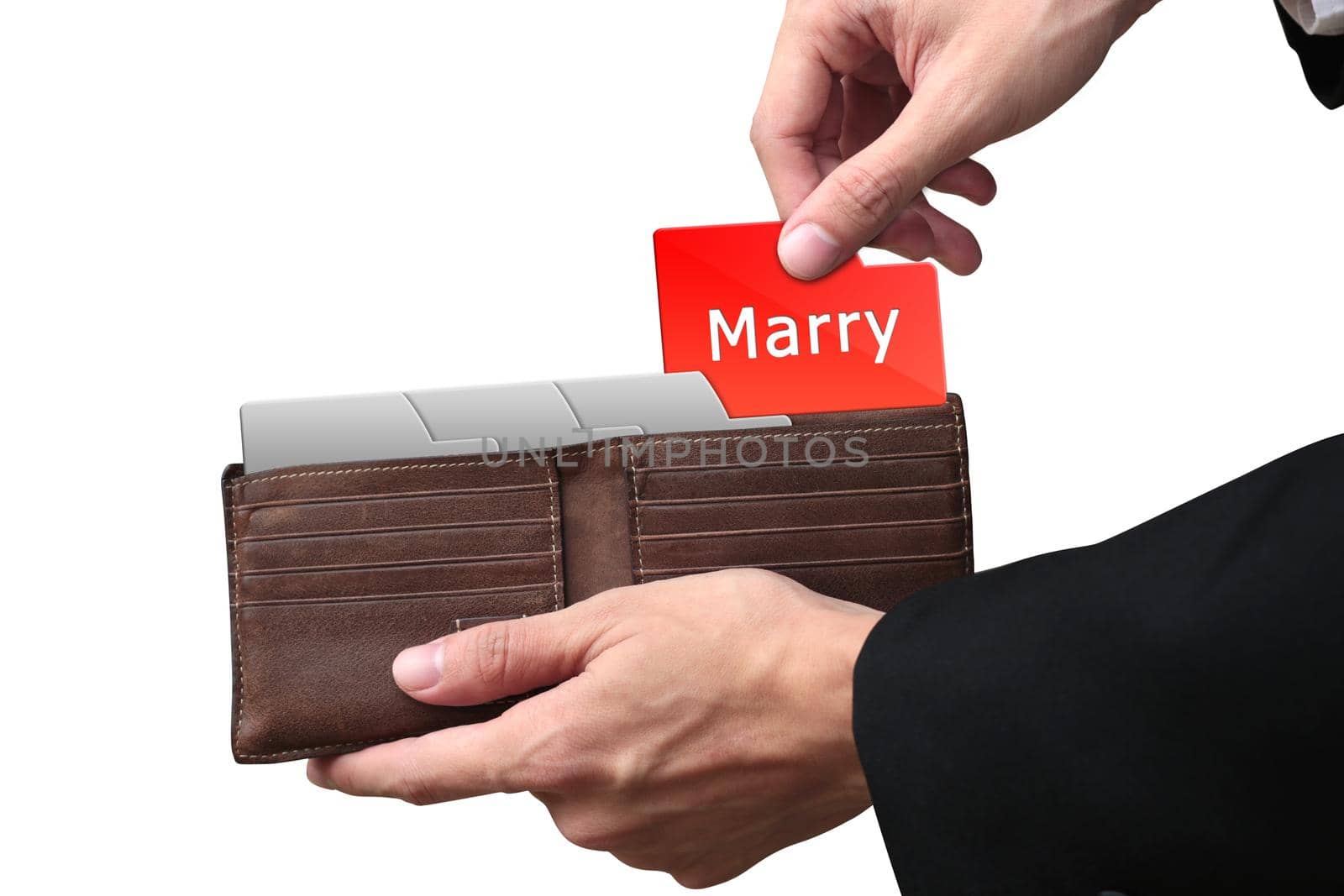 Businessman hands pulling money MARRY concept on brown wallet.