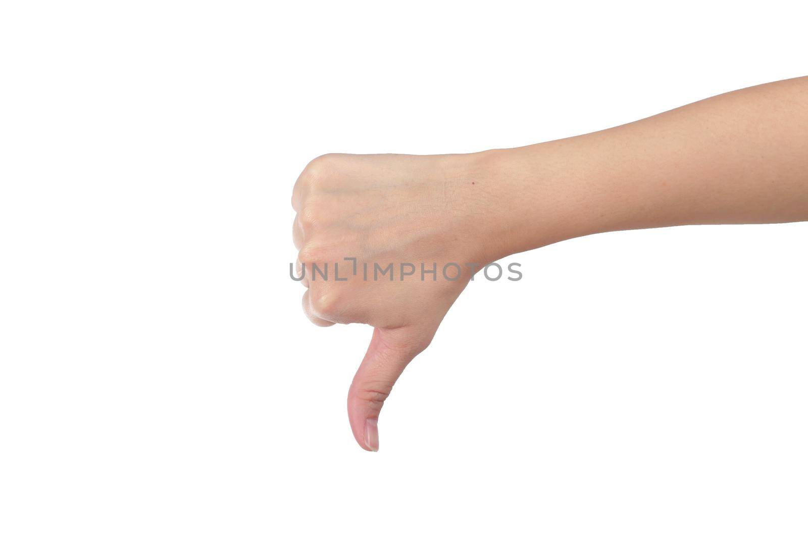 Young man his hand unlike thumb up isolated white background.