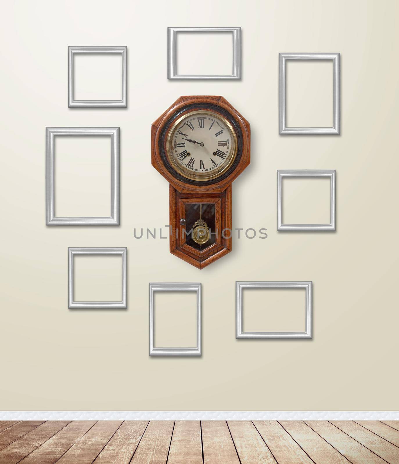 Old clock decor on wallpaper with light flare.