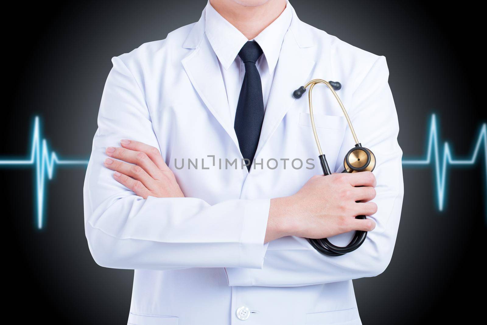 Doctor stand fold one's arms isolated on black background.