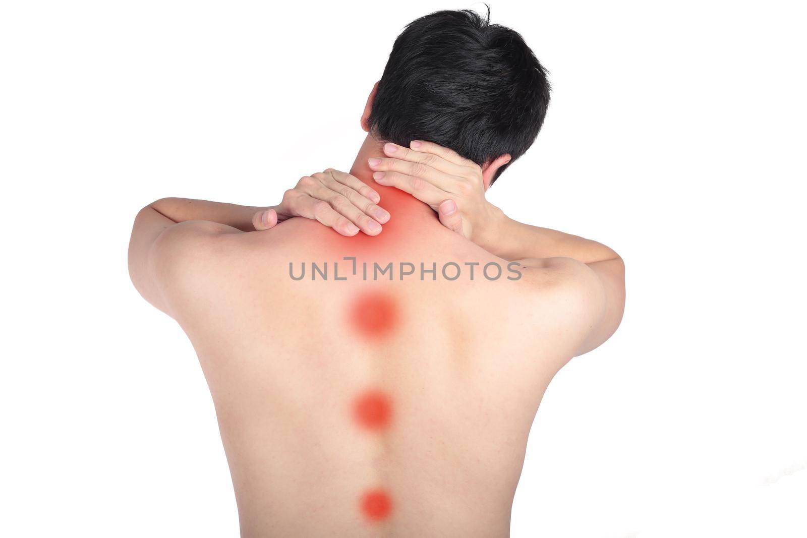 Young man holding his back and neck to this pain. 
