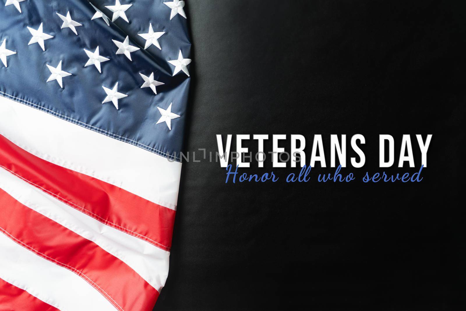 Veterans day. Honoring all who served. American flag on black background. by psodaz