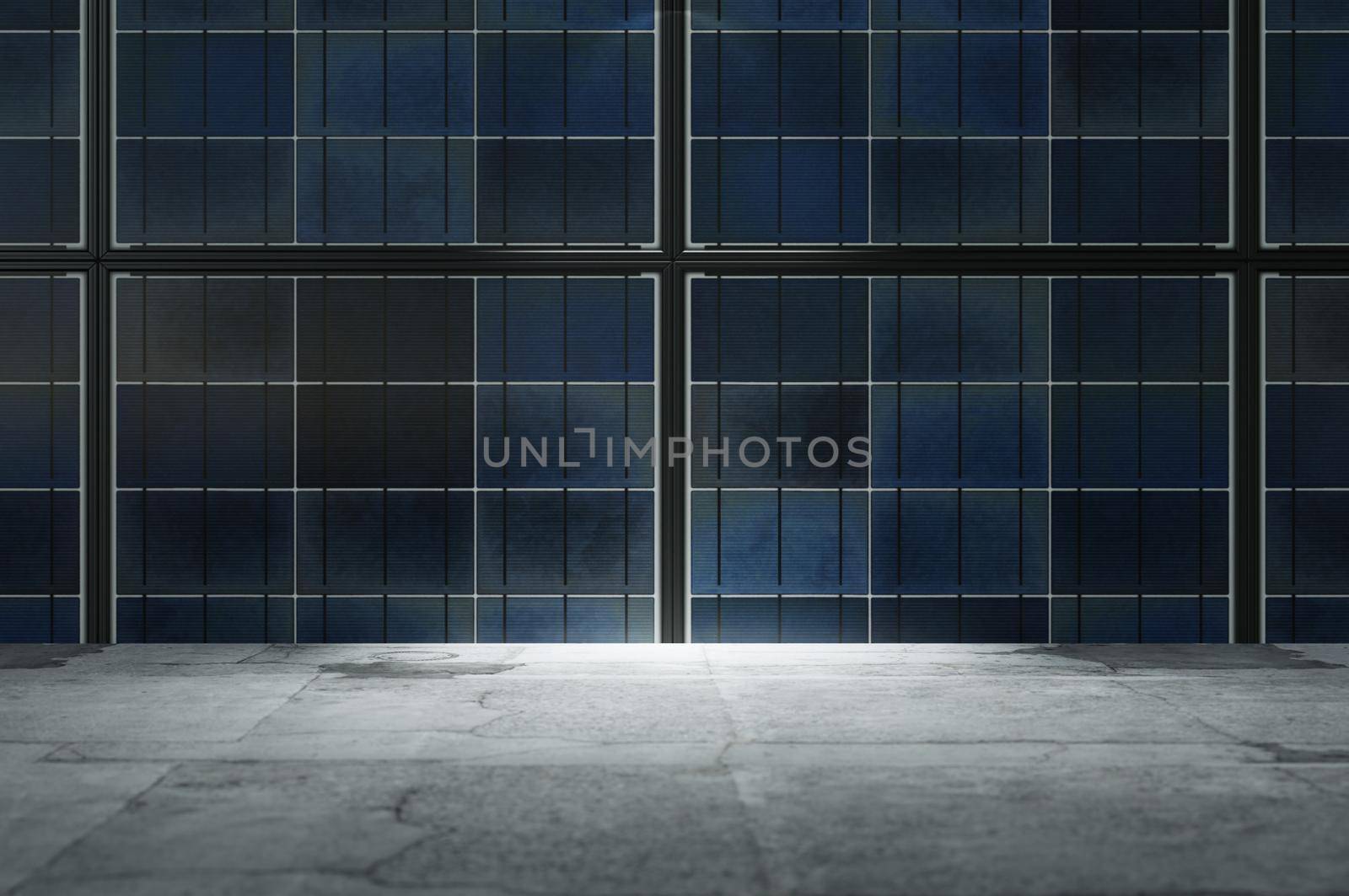 3d illustration. Abstract industrial interior with  solar cells wall and concrete floor