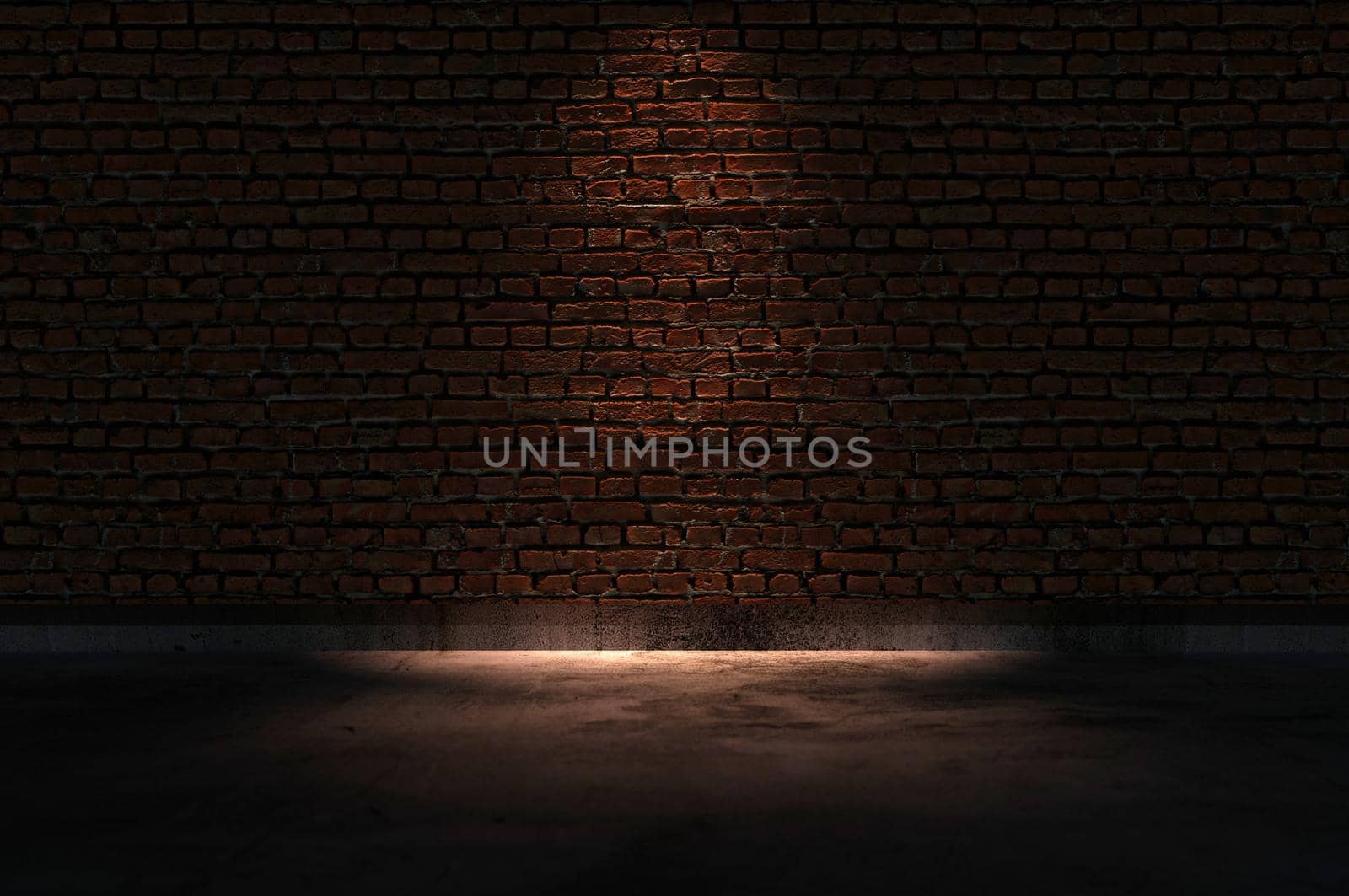 3d illustration. Abstract industrial interior with red brick wall and concrete floor by Hepjam