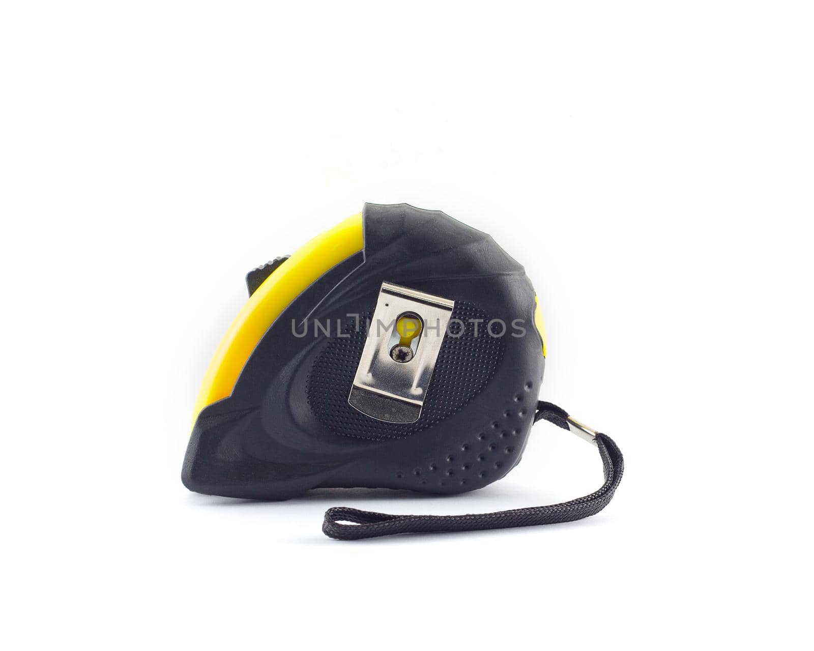 Yellow tape measure or steel tape isolated white background.