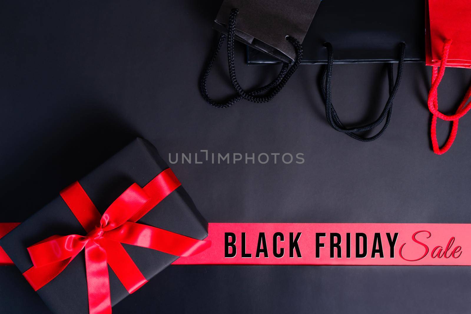 Black Friday sale, black gift box and shopping bag for online shopping