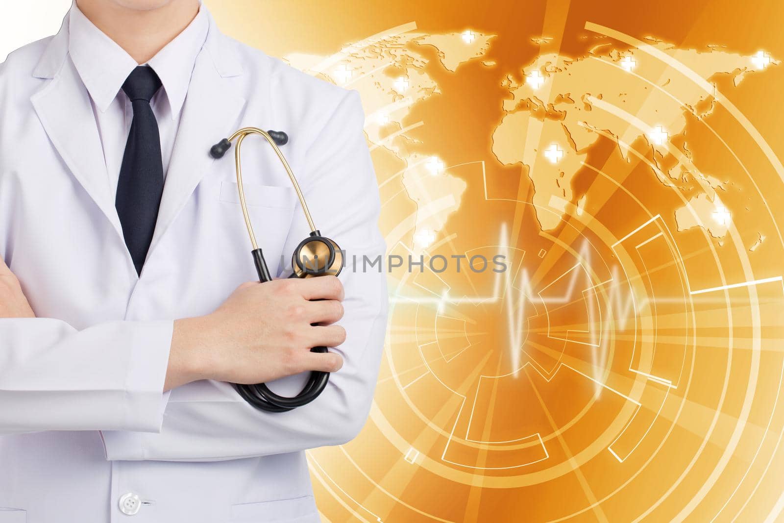 Doctor man posting and holding stethoscope on global network gold background.