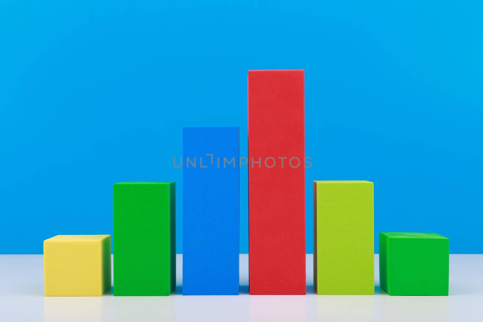 Business concept. Multicolored graph diagram with rise and fall dynamic against blue background. Chart marketing, annual or corporate report, sales or growth evaluation or analytic or profit growing