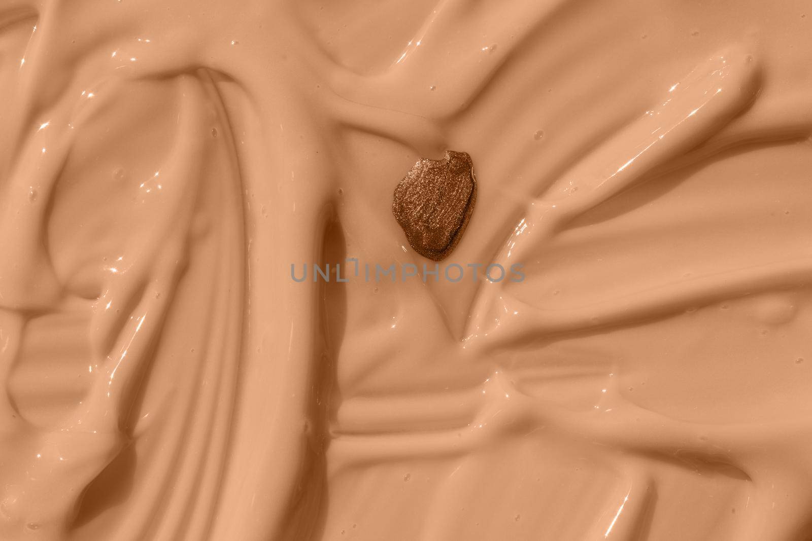 Abstract cosmetic textured background, nail polish drop on beige liquid foundation texture. Creamy skincare mousse product closeup. Moisturizing beauty creme, balm swatch, pink paint, yogurt texture