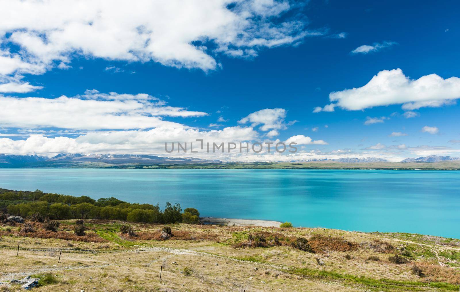 Beautiful incredibly blue lake Pukaki at New Zealand