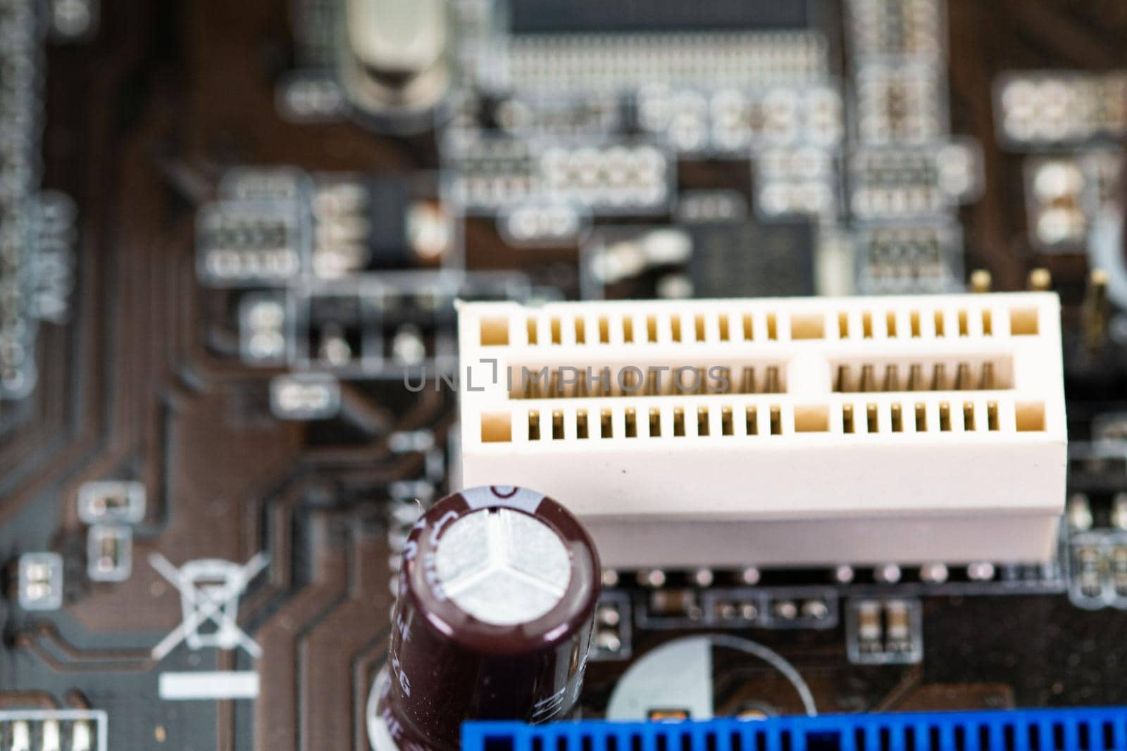 connectors of a disassembled computer motherboard for repair