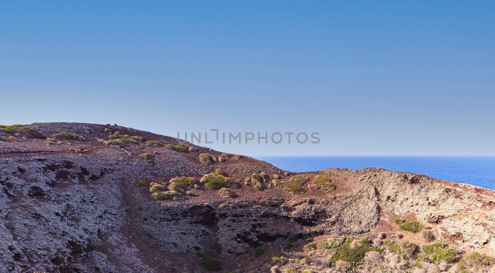 Sea view of Linosa sea on the top of the Volcano Monte Nero, Pelagie Island, Sicily