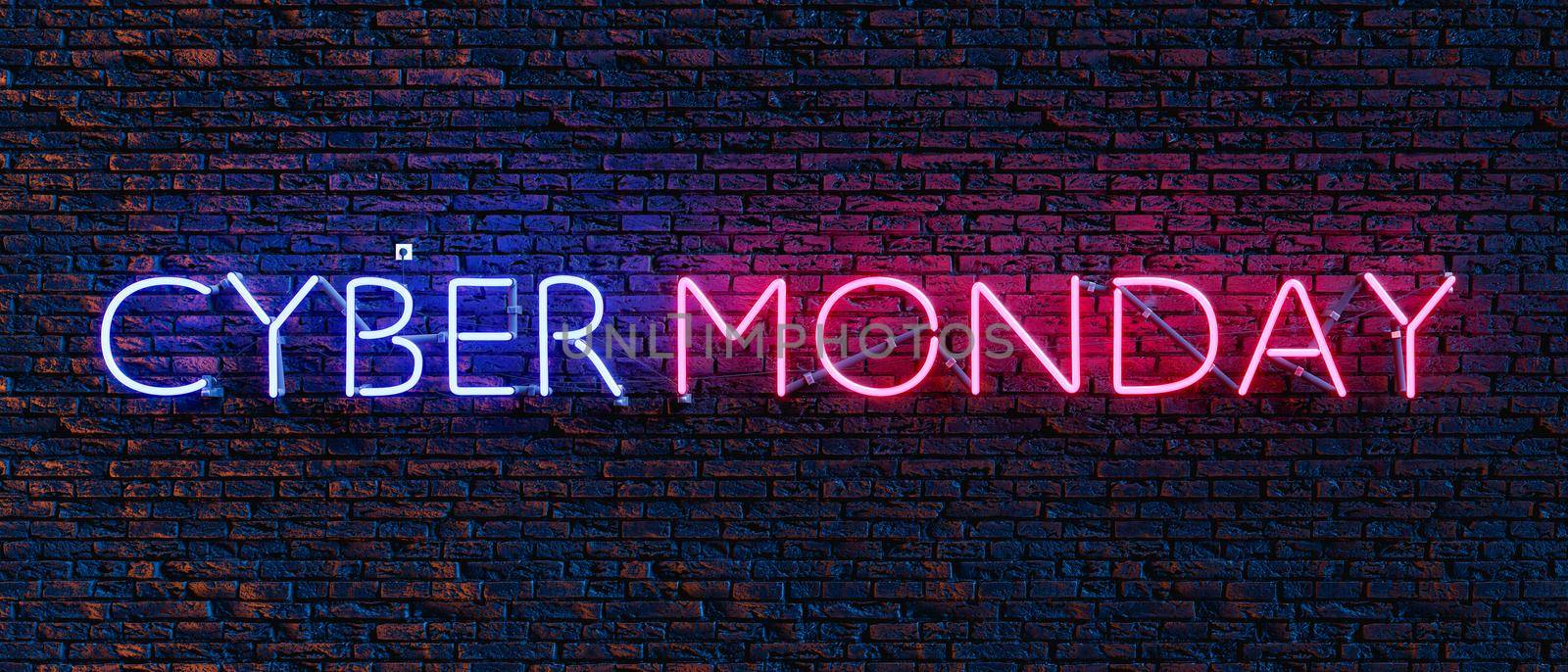 CYBER MONDAY neon sign on dark brick wall. 3d rendering