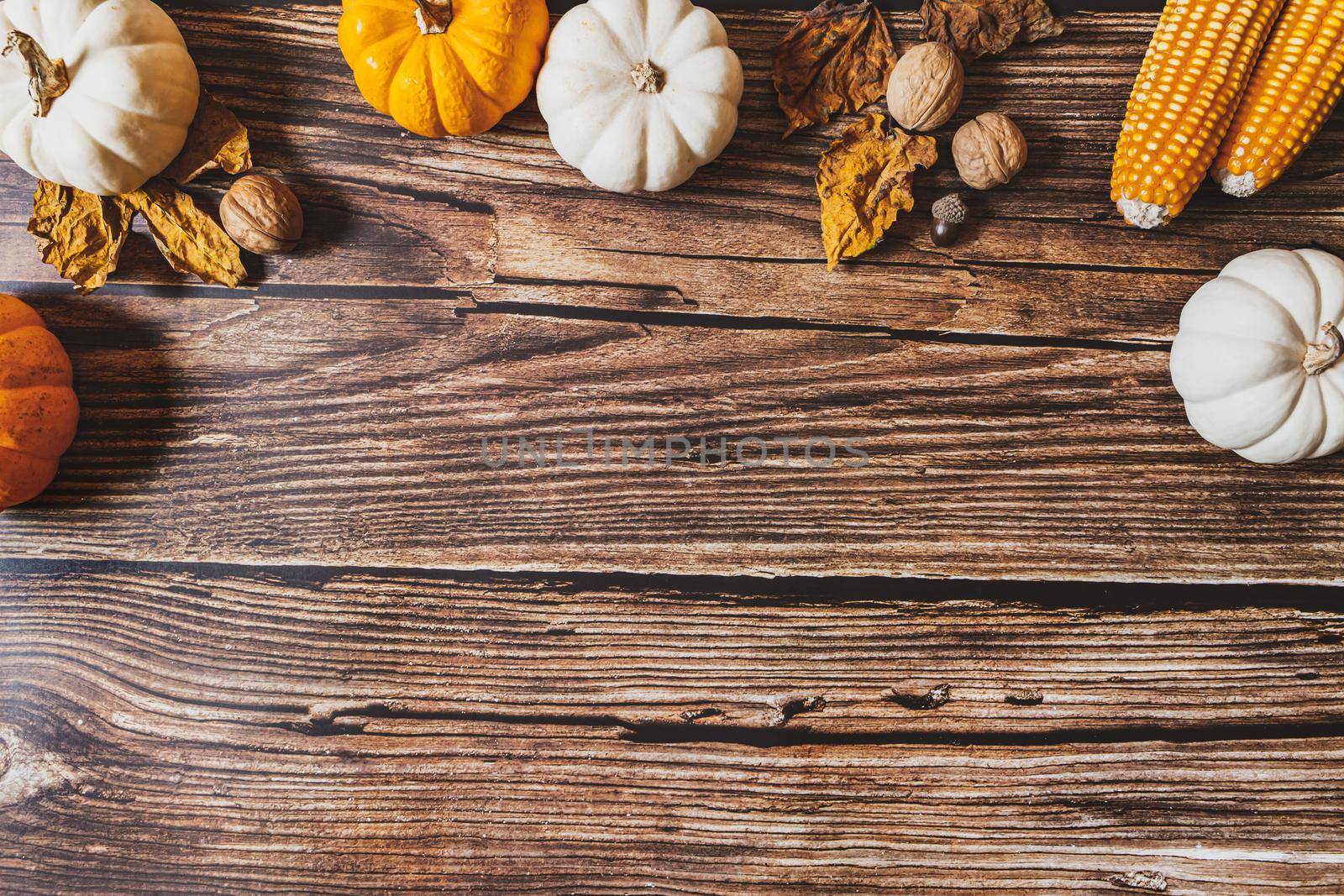 Happy Thanksgiving Day with pumpkin and nut on wooden table