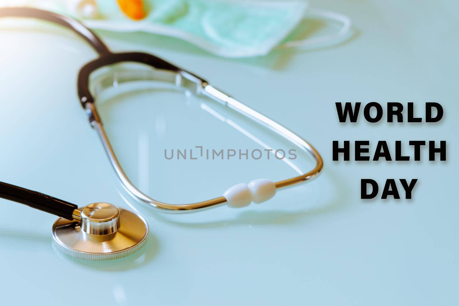 World Health Day concept, stethoscope mask and medicine, healthcare accessories on white background by psodaz