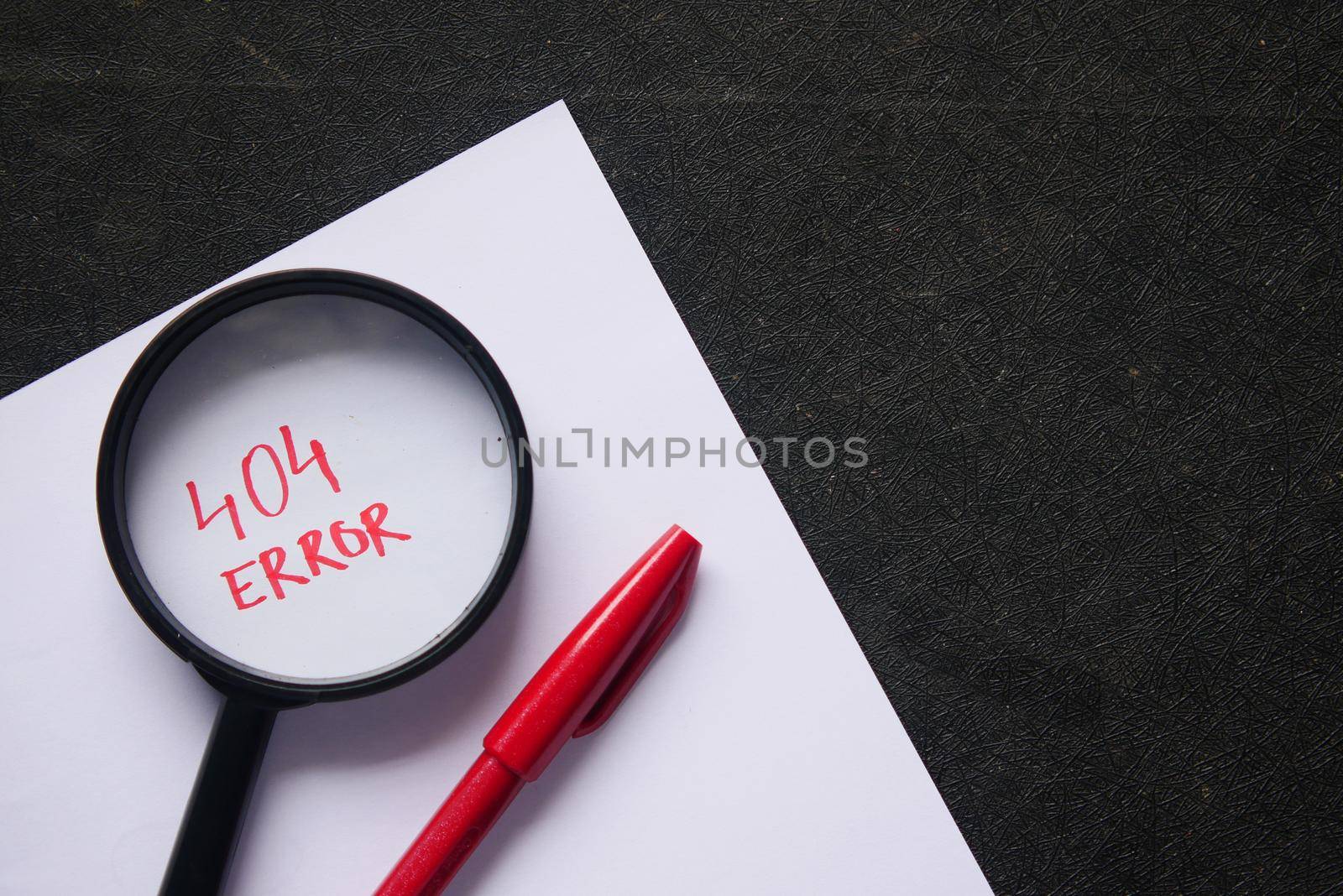 magnifying glass inspecting 404 error close up ,
