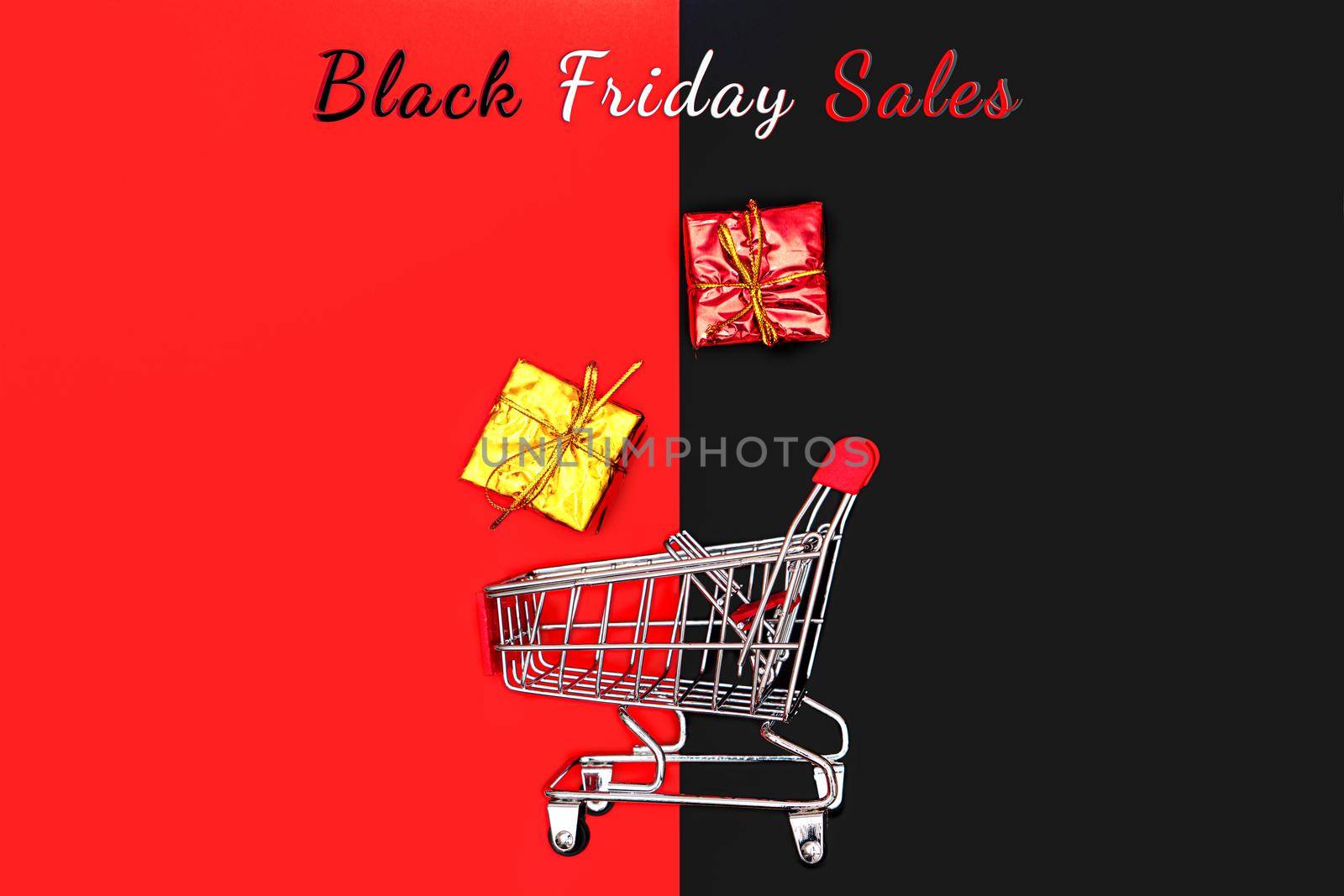 Black Friday sale concept, shopping cart and gift box, year-end sale
