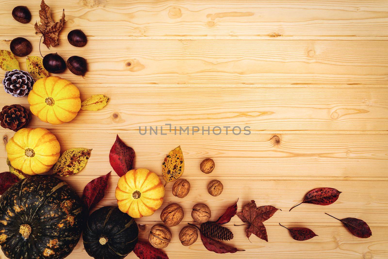 Happy Thanksgiving Day with pumpkin and nut on wooden background