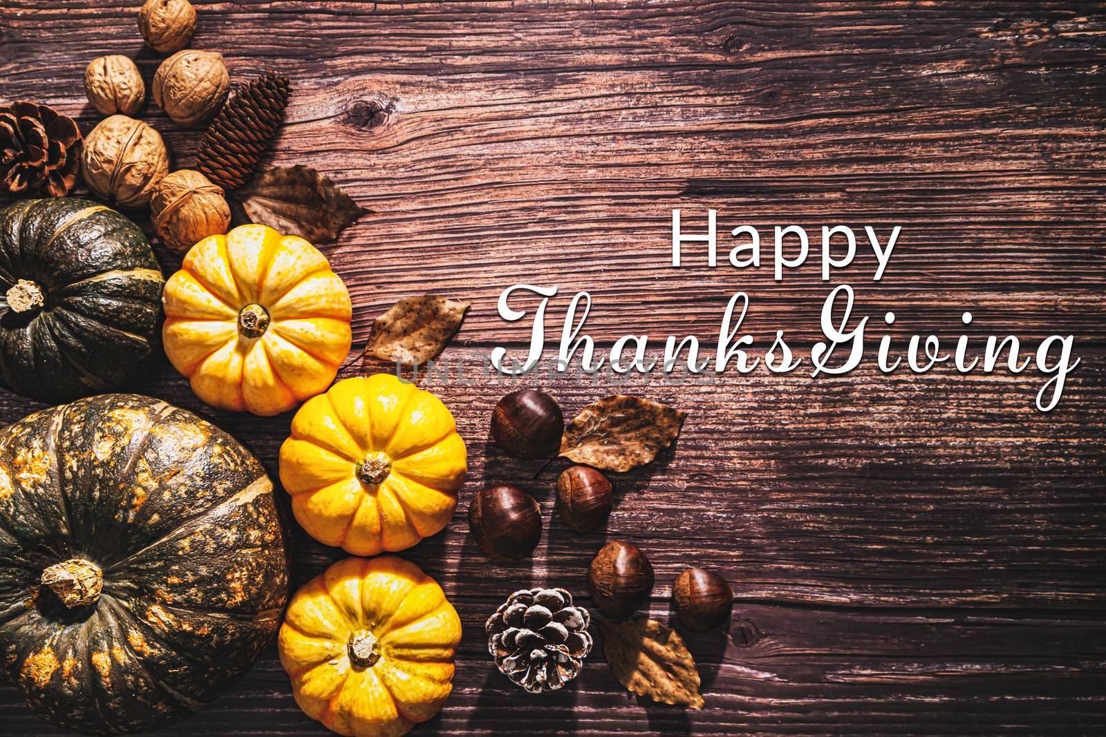 Happy Thanksgiving Day with pumpkin and nut on wooden table