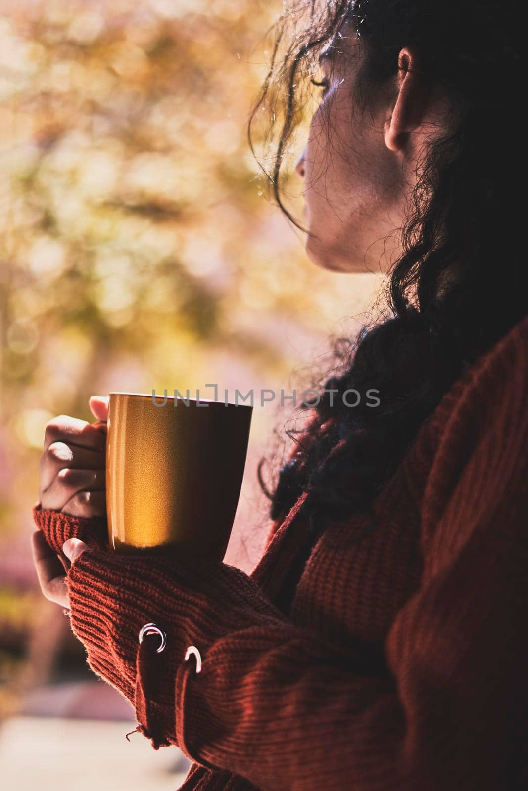 Cold autumn days - young multi-racial female drinks coffee in a cozy windowsill by golibtolibov