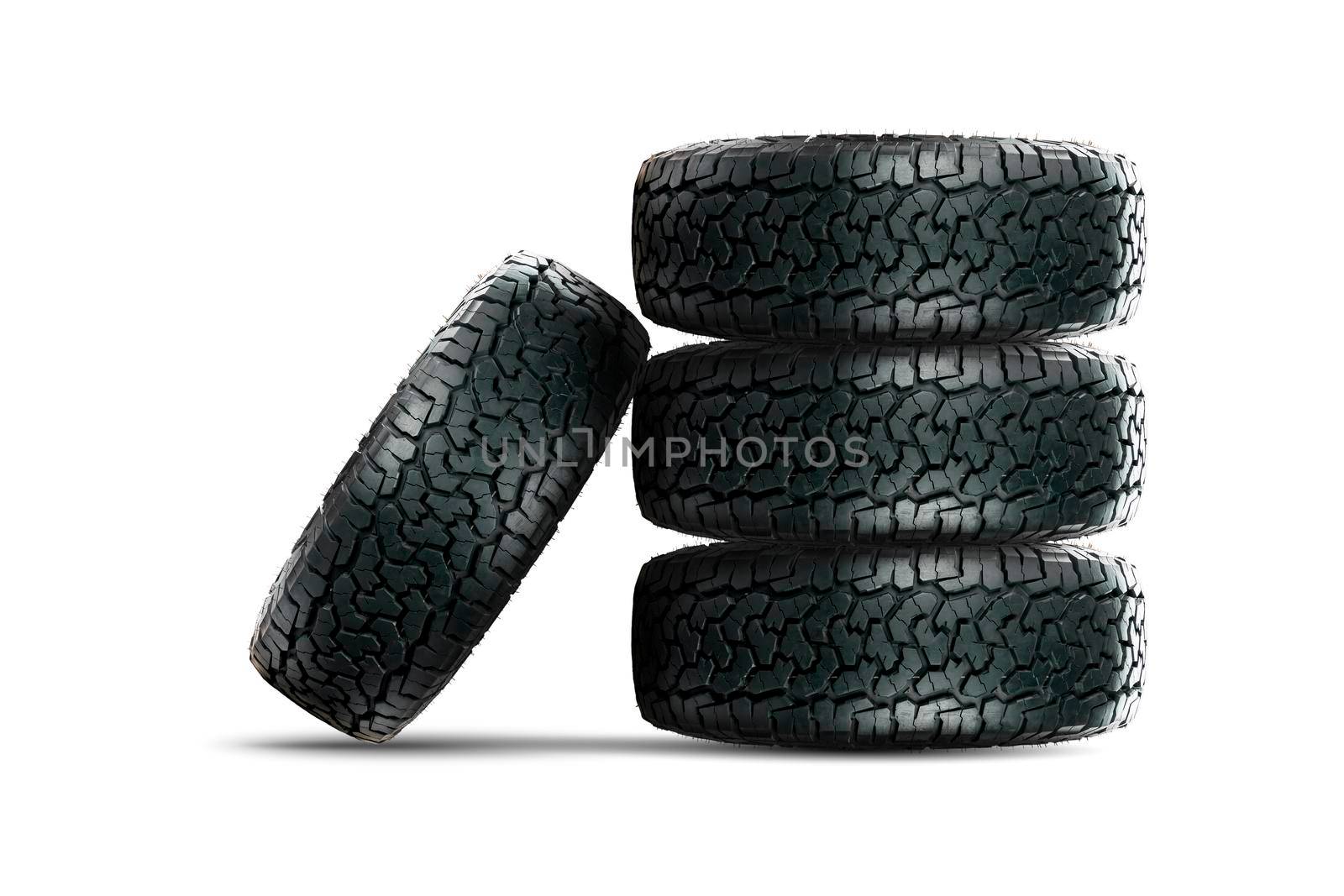 Stack of 4 wheels car tires designed for use in all road conditions with alloy wheel isolated on white background. by wattanaphob