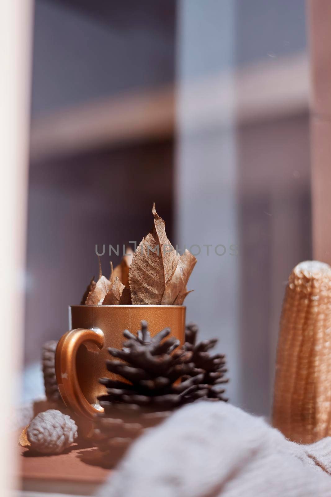 Corns, autumn leaves and coffee cup on windowsill by golibtolibov