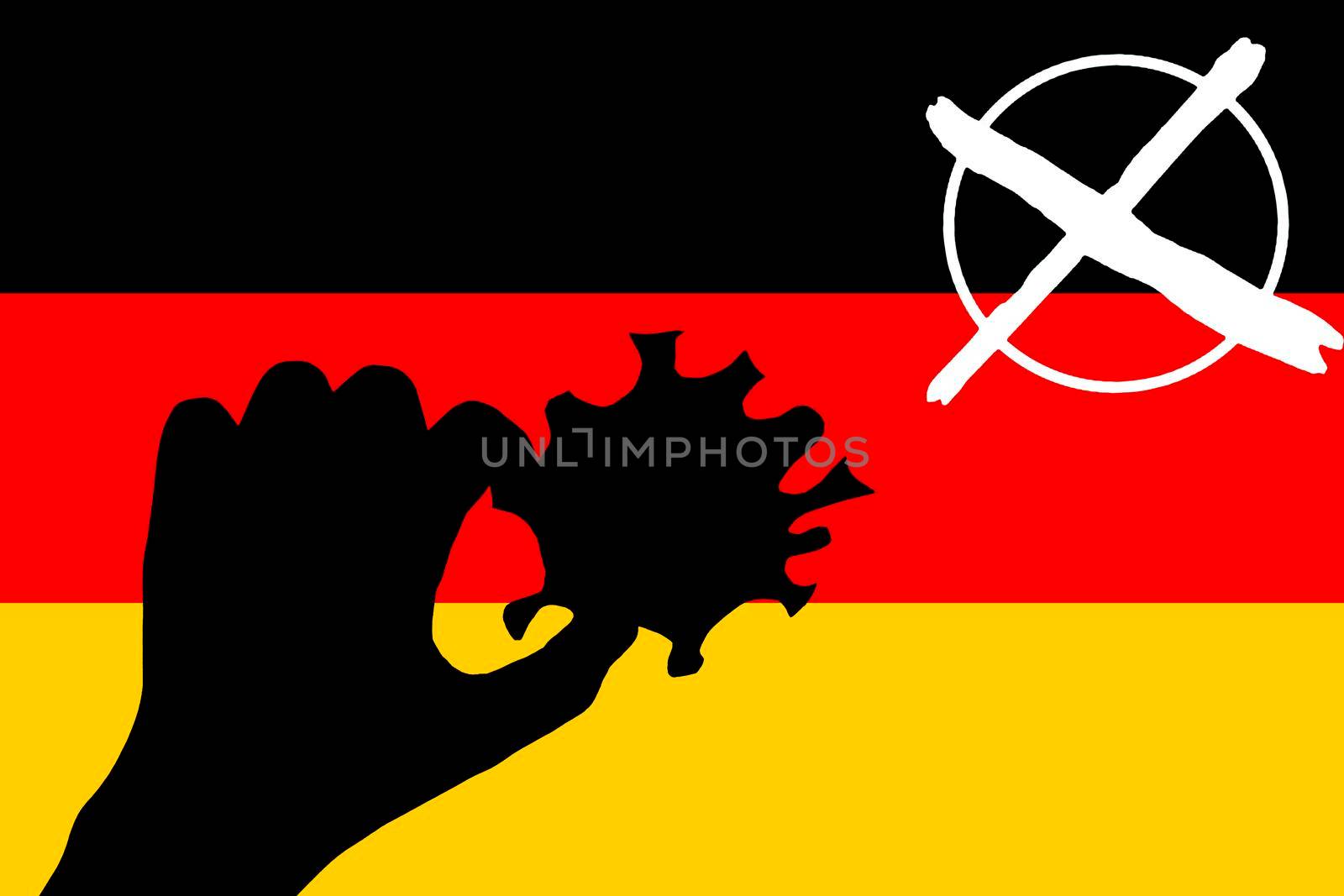 A person hand hold coronavirus over German flag and election symbol. Bundestagswahl 2021. Election in German Parliament Bundestag 2021 during Covid-19